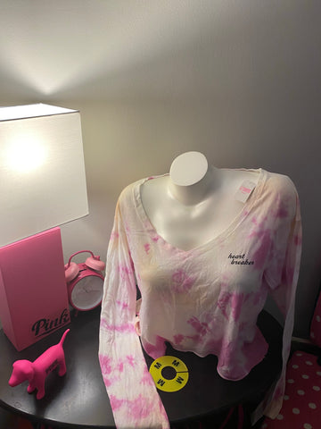 Victoria Secrets Pink Tye Dye Croped Tee “Heart Breaker” Long sleeve